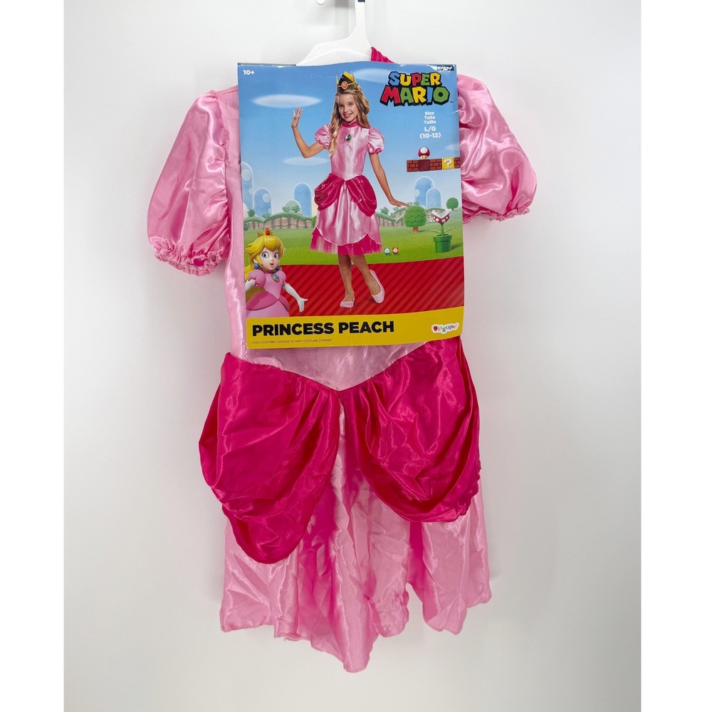 Super Mario Princess Peach Costume Girls Size L 10-12 Pink Dress Crown Disguise